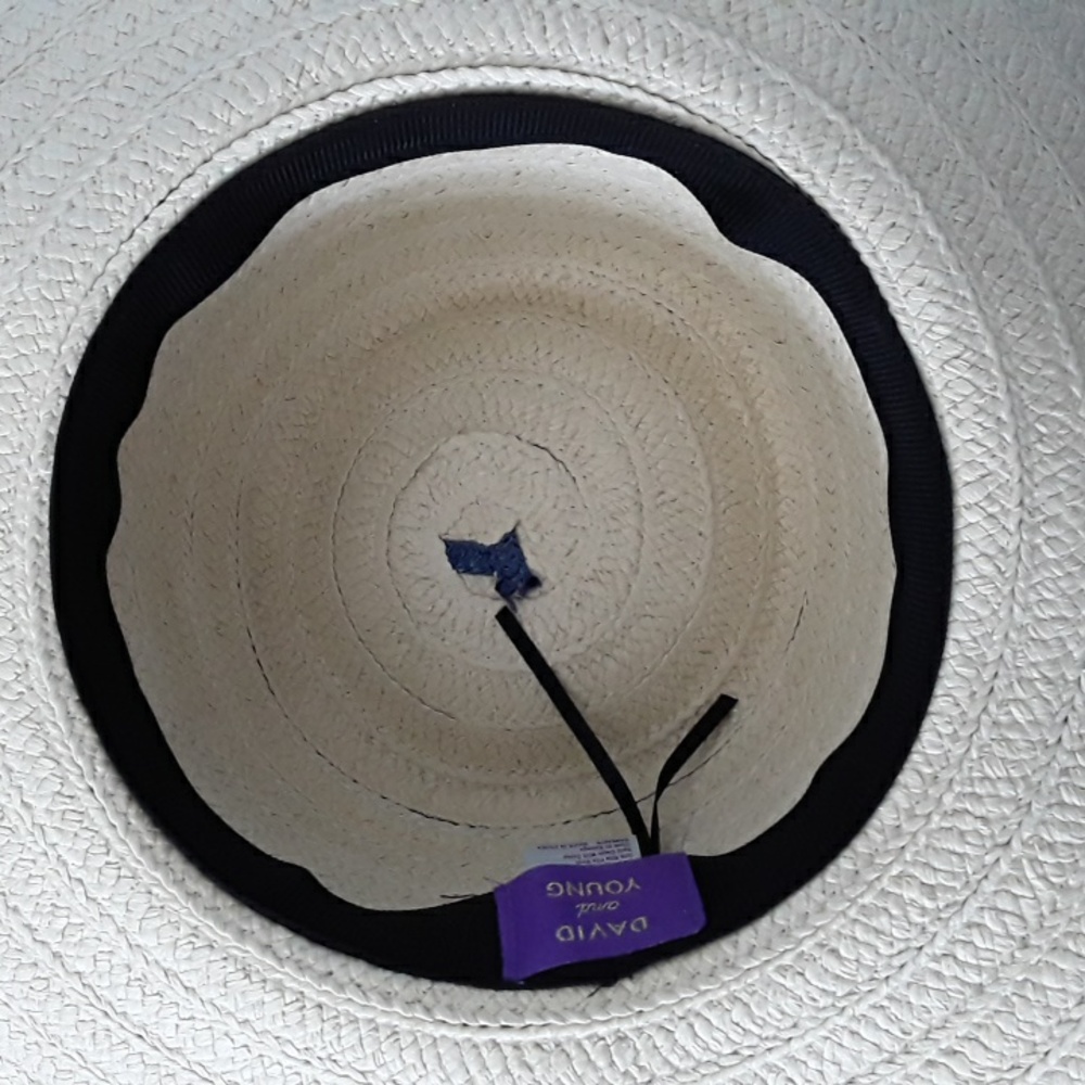 NWT DAVID and YOUNG Floppy Wide Brim w/fringe Hat, Blue/cream - Picture 6 of 11